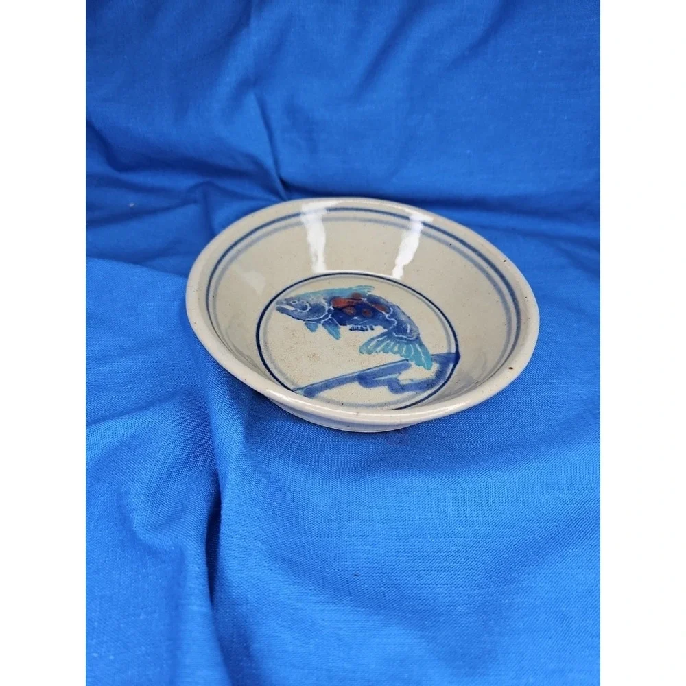 Antique Chinese Fish Bowl Stoneware Pottery Hand Painted‎ Koi Vintage 6.5